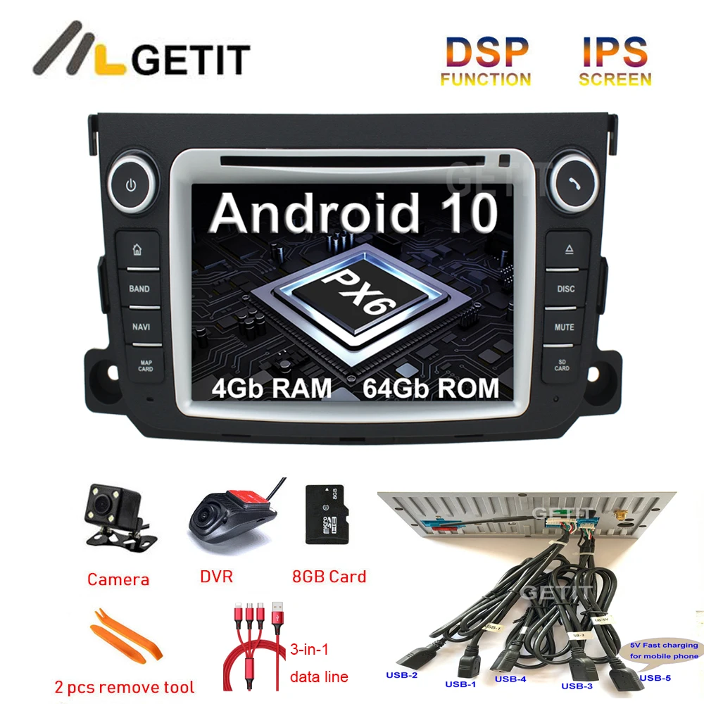 5 USB DSP Android 10 Автомобильный DVD Радио стерео Мультимедийный плеер GPS для Mercedes/Benz Smart