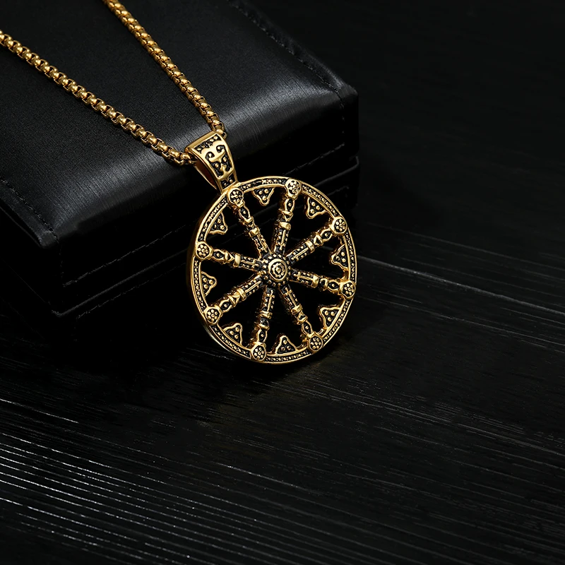 

Trendy 316L Stainless Steel Hollow Necklaces Gold Long Chain Cross Choker Jewelry for Men Women Bff Sun Wheel Pendant Necklace