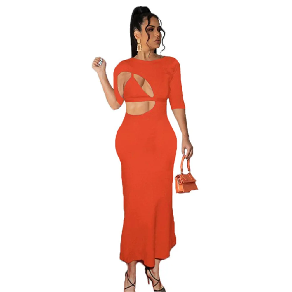 

RStylish Fashion Elegant Solid Color Long Dress 2021 Summer Half Sleeve Round Neck Hollow Out Sexy Party Nightclub Slim Dresses