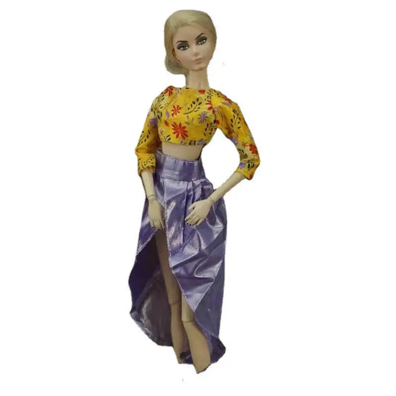 

1/6 Fashion Yellow Floral Crop Top Shirt Purple Skirt Outfits for Barbie Doll Clothes FR Kurhn Clothing 11.5" Dolls Accessories