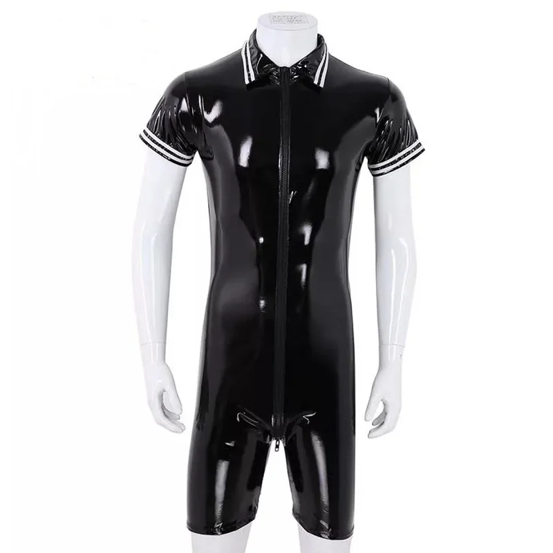 Plus Size Mens Sexy Open Crotch Leather Catsuit For Sex Erotic Shaping Sheath Latex Bodycon Crotchless Glossy Leather Shirt Sexi