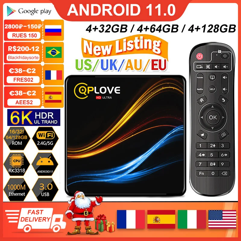Приставка Смарт-ТВ RK3318 4 ядра 6K Android 11 0 + 32/64/128 ГБ | Электроника