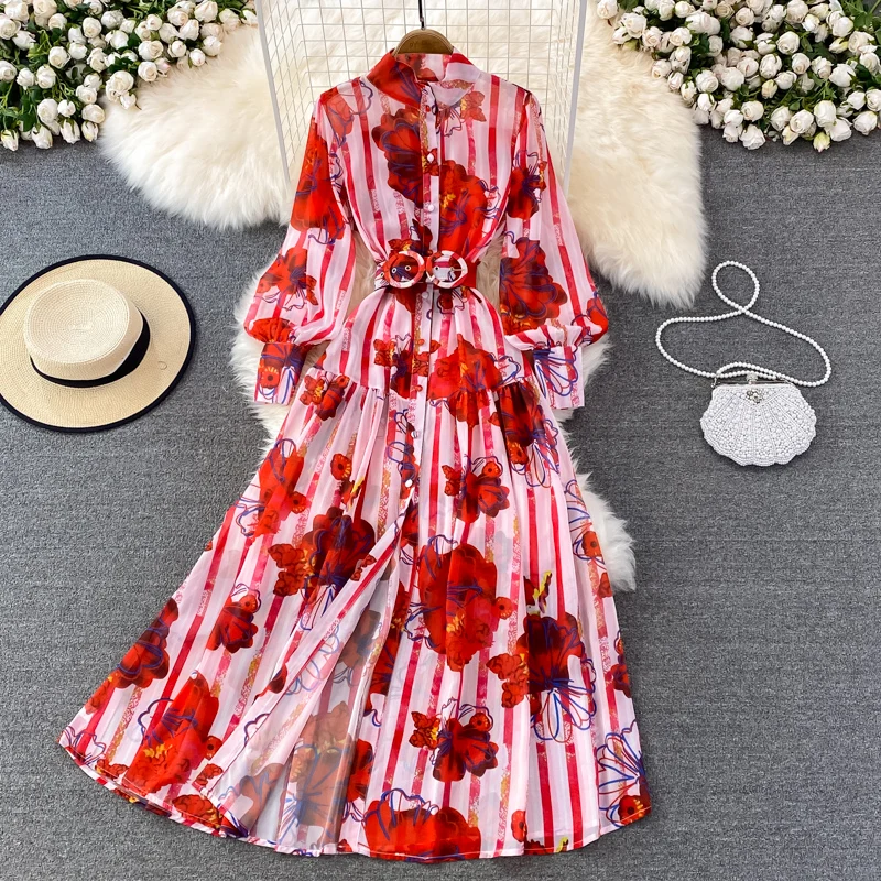 

Chiffon Flower Print Flowy Maxi Dress 2022 Spring New Fashion Stand Collar Lantern Sleeve Single-breasted Belted Dresses M62105