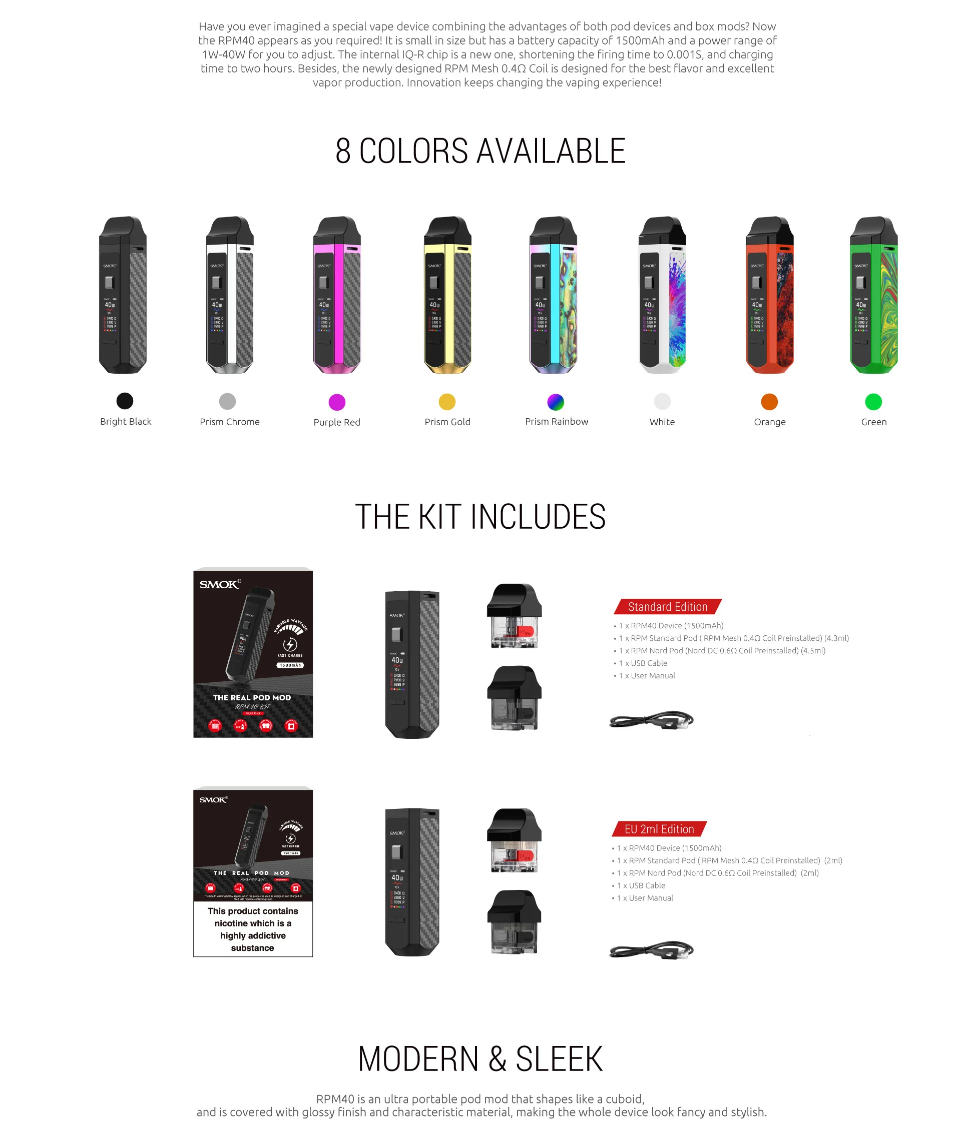 SMOK RPM40 Pod Комплект Vape 1500 мАч об/мин 40 4,3 мл картридж об/мин сетчатая катушка 4,5 мл Nord Pod RBA электронная сигарета испаритель VS Novo 2