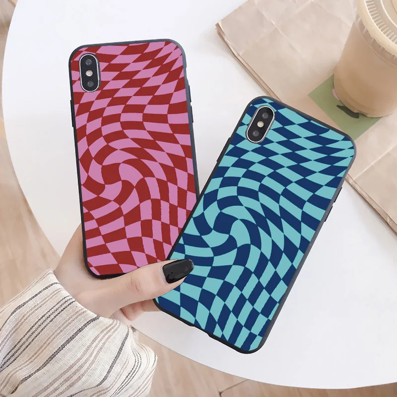 

Simple Twisted Pink Blue Green Grid Pattern Phone Case for IPhone 11 12 Pro XS MAX XR 6s 7 8 SE 2 Plaid Scrub Soft Silicone Case