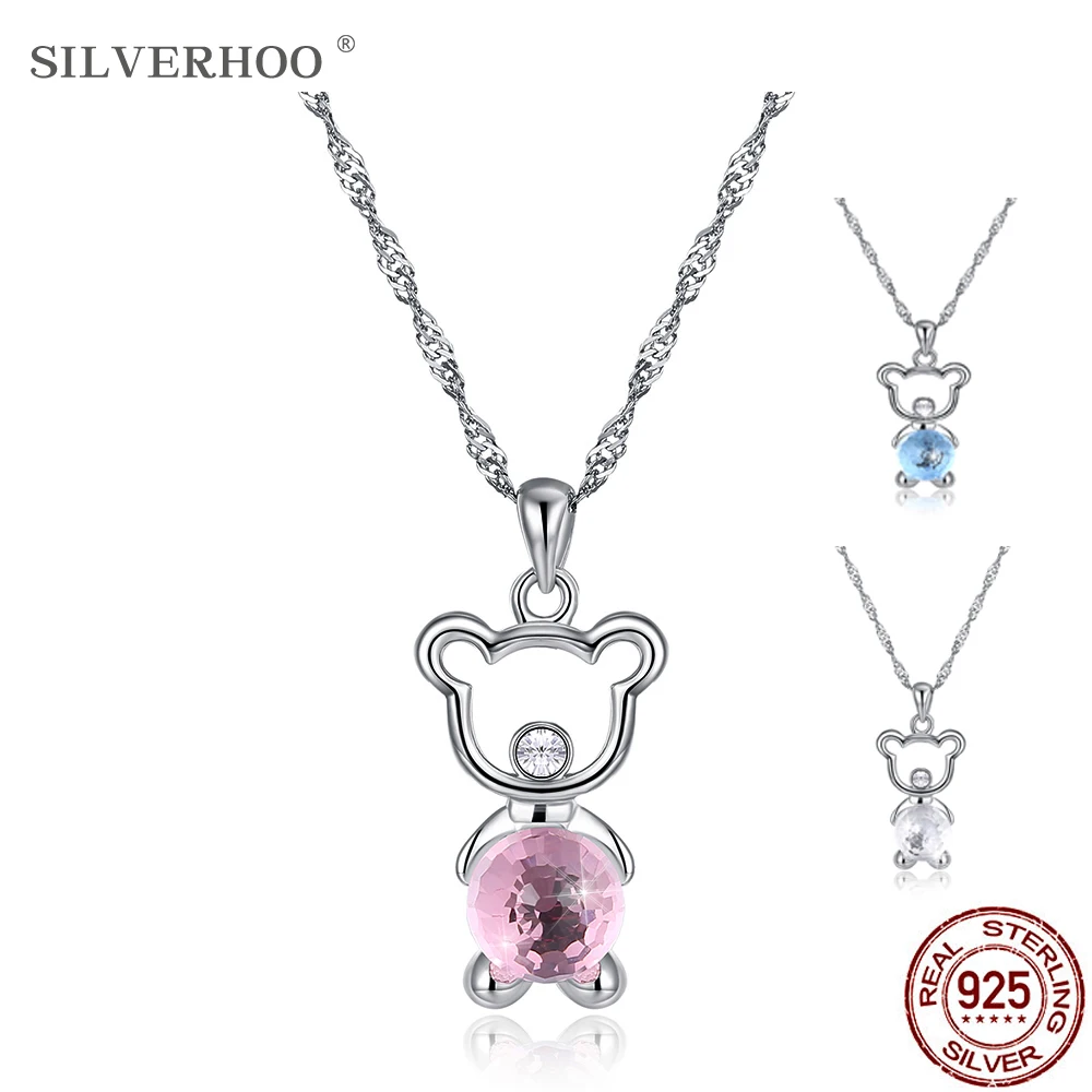 

SILVERHOO Bear Pendant Women Necklaces 925 Sterling Silver Animal Hanging Colorful Austria Crystal Romantic Anniversary Gift