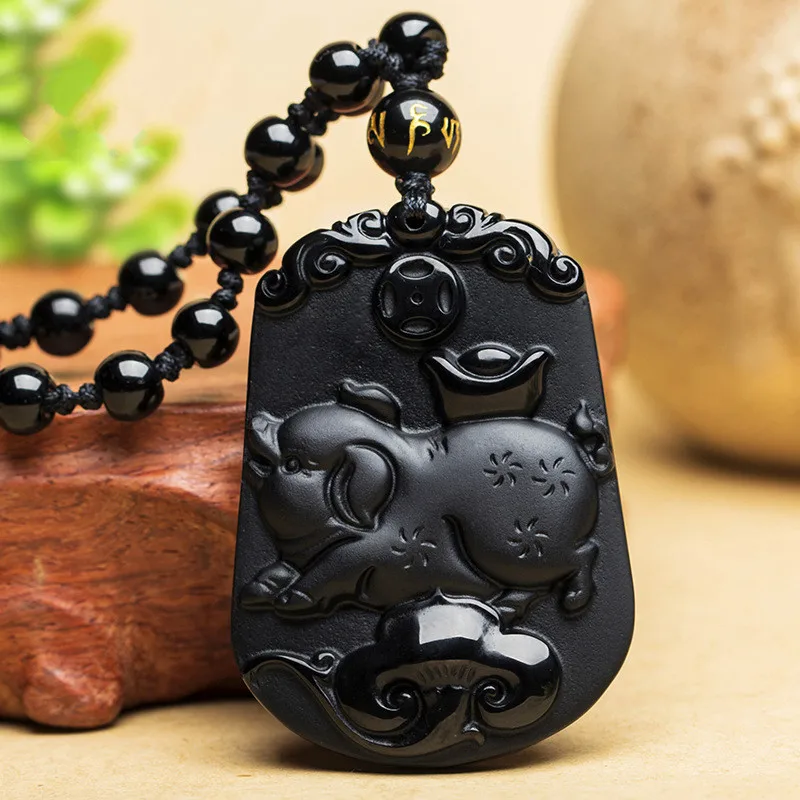 Натуральный черный обсидиан Зодиак Свинья нефрит кулон ожерелье Китайский