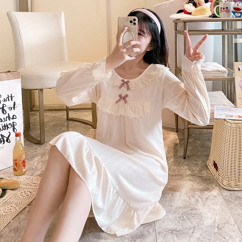 2021 Spring New Nightdress Women's Collar Pit Strip Long Sleeve Medium Length Solid Color Lovely Princess Dress Sexy Nightgown