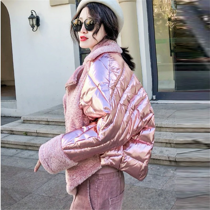 

European Autumn Winter Parka Fashion silver shiny Cotton Coat Women 2020 New stitching Loose Short Outerwear Female W154