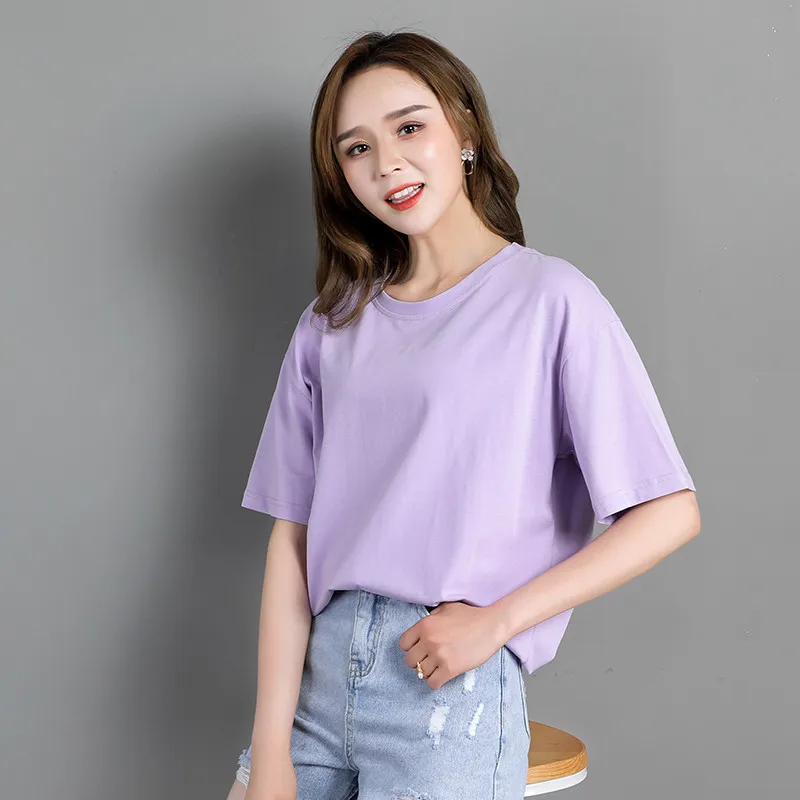 

New t-Shirt Female Solid Color Tshirt Loose Summer Women Tee Shirt Round Neck Cotton Ladies Simple t-Shirts Basic Wild Top Tee