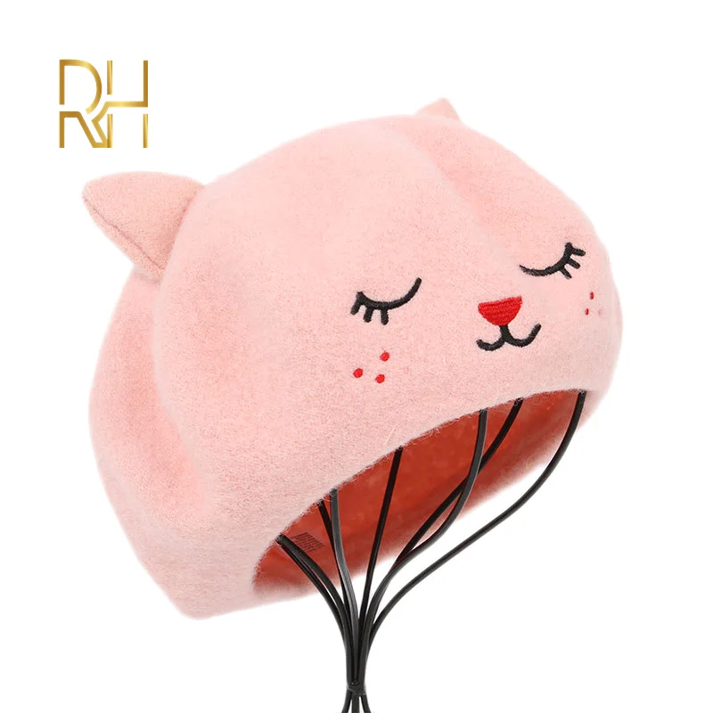 Осенние шерстяные Зимние береты шапки для женщин милый кот с вышивкой шапка