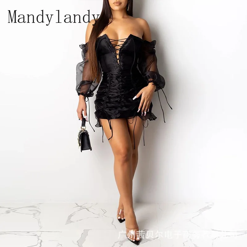 Летнее модное платье Mandylandy с рукавами фонариками Сетчатое плиссированное без