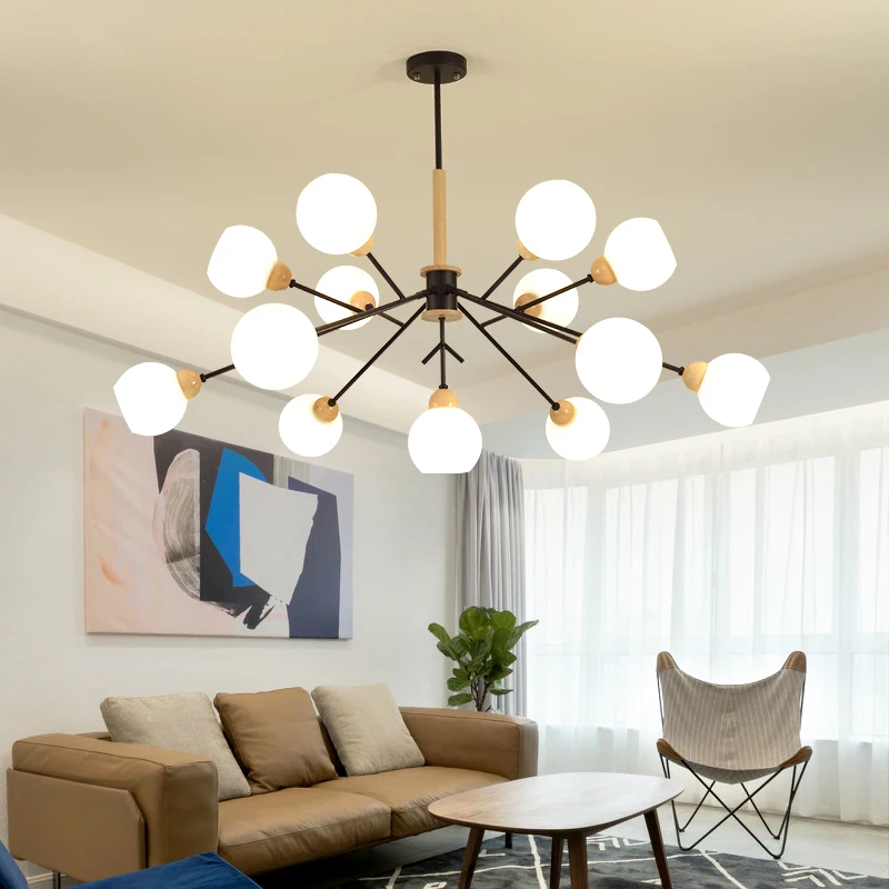 Art design Chandelier Light Branch Hanging Lamp Wooden Iron Chandeliers For Kitchen Study room Living Glass Shade Bulb | Лампы и