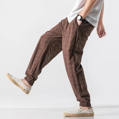 Autumn New Casual Pants Men Cotton Linen Slim Fit Grid Fashion Trousers Male Brand Clothing Plus Size 5XL Y1864 - Цвет: brown