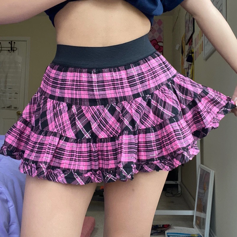 

Women Vintage High Waist Plaid Print Pleated Skirt Gothic Elastic Ruffle A-Line Short Mini Skirt E-girls 90s Streetwear 2021
