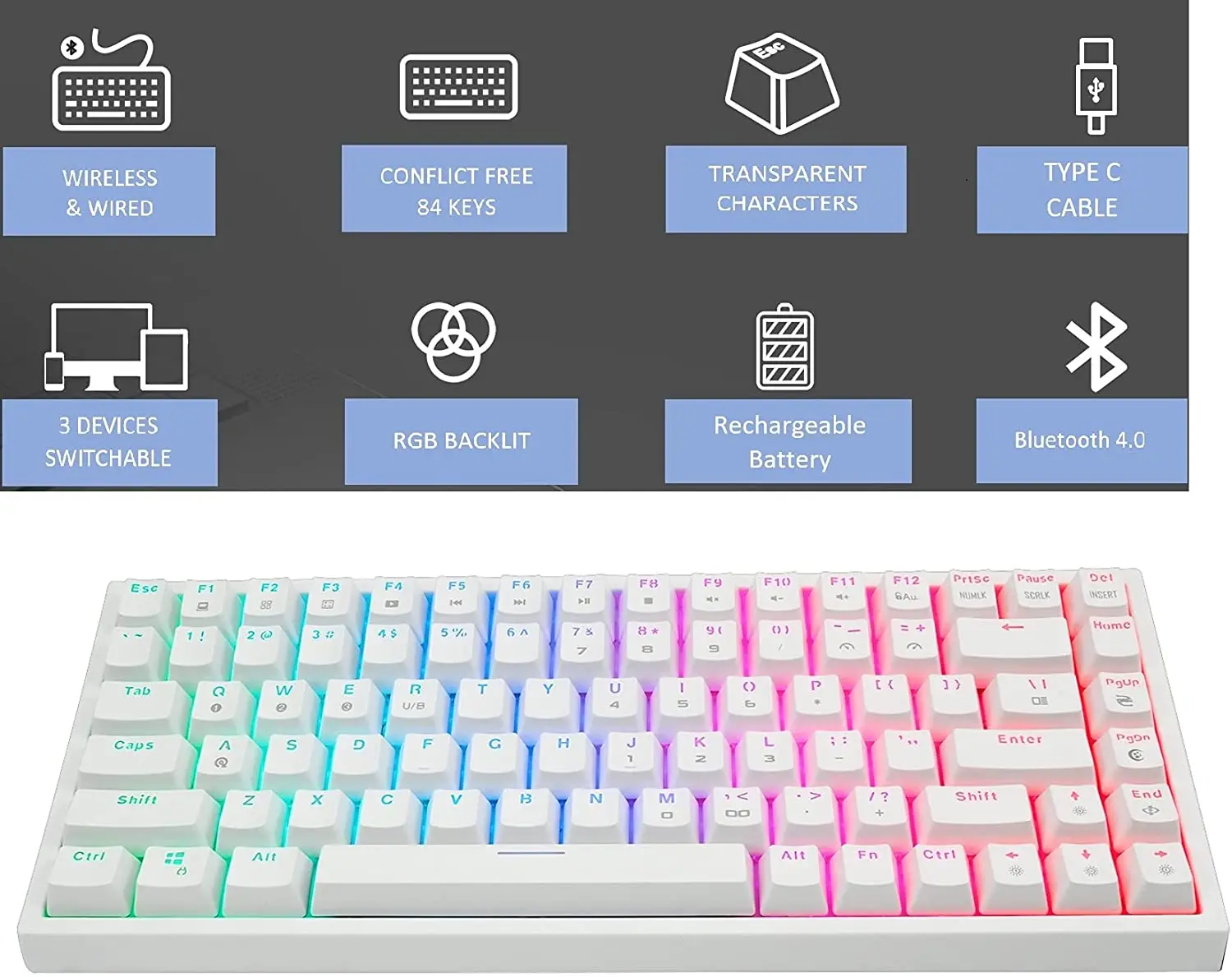 HUO JI CQ84 Mechanical Keyboard Wired/wireless RGB Backlit Bluetooth 4.0 Gaming Keyboard 84 Keys For Windows PC Mac Smartphone enlarge