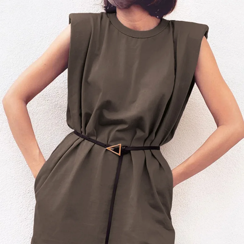 

2021 Fashion All-match Loose Women's Dress Sleeveless Solid Streetwear Cotton O Neck New Ladies Mini Tank Dresses