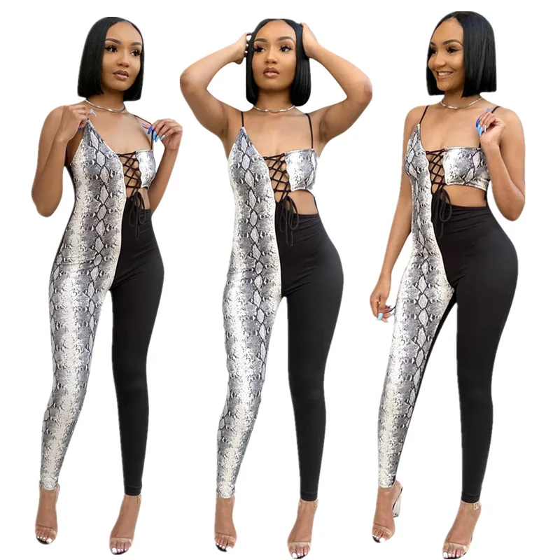 

Snake Print Patchwork Sexy Bandage Jumpsuit Women Off Shoulder Open Back Bodycon Sleeveless Party Club One Piece Skinny Overall