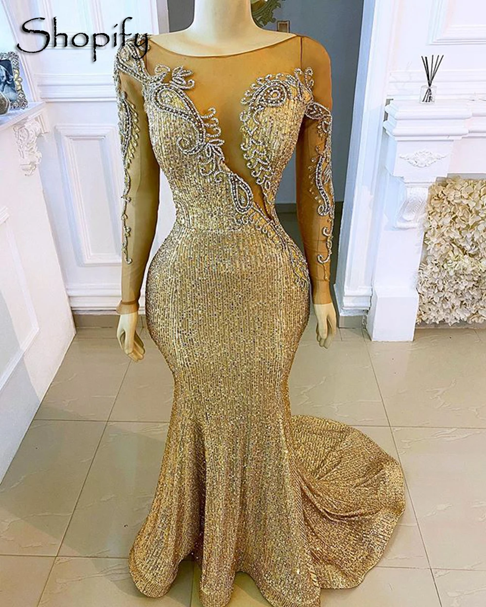 Luxury Long Evening Dresses 2021 Mermaid Sleeve Beaded African Women Gold Sequin Formal Gowns | Свадьбы и торжества