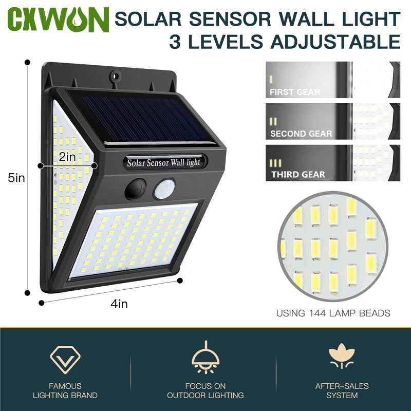

140 LED Solar Light Outdoor Waterproof Motion Sensor Solar Wall Lamp 3 Mode Security Street Lights For Garden Fence Patio Garage