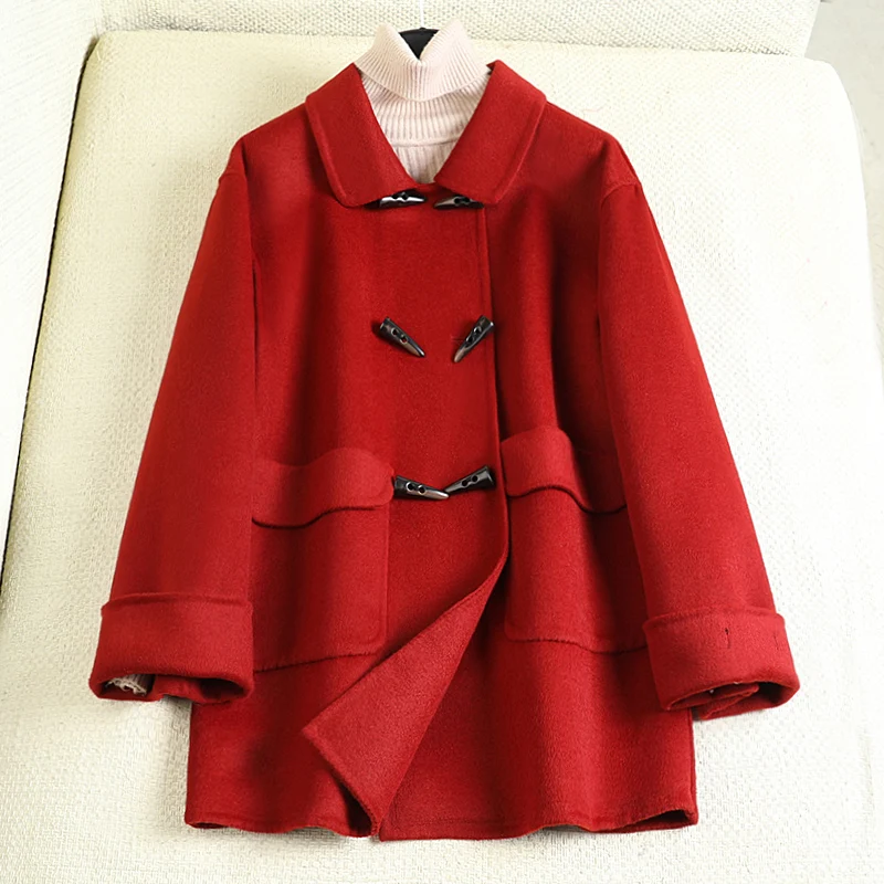 

sided cashmere coat in the reverse season women's new small bullhorn button doll neck Korean wool coat in spring 2020