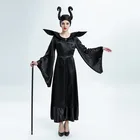 Хэллоуин взрослые дамы фильм Малефисента роскошное черное длинное платье злая ведьма косплей халат костюм с рогами рог головной убор