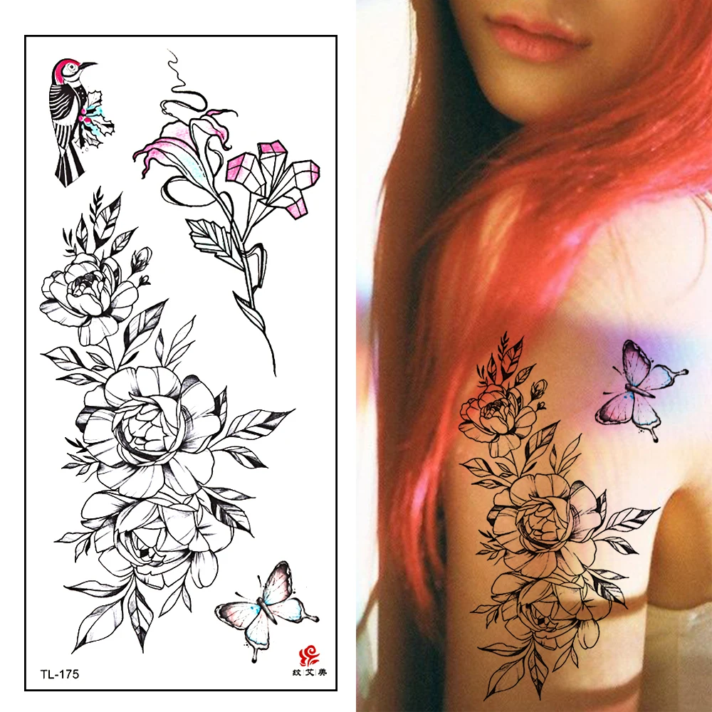 Временная татуировка черные цветы тату рукава переводная наклейка пион