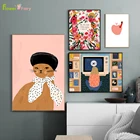 Мультяшные школьницы с кошкой, настенная Картина на холсте, иллюстрация, скандинавский постер, настенные картины для гостиной без рамки