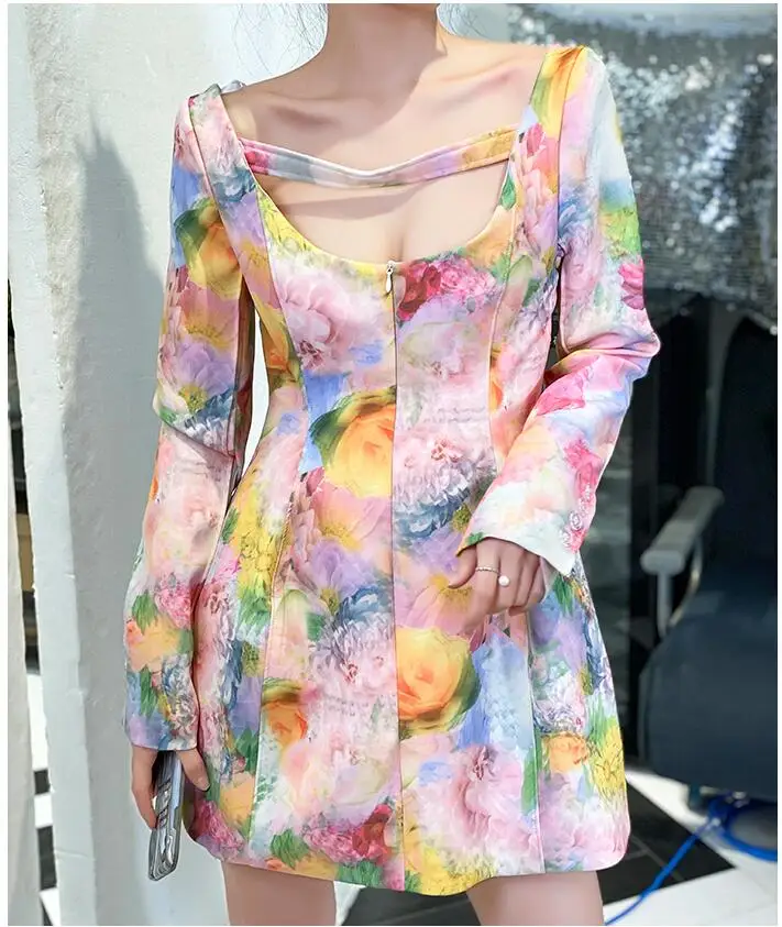 

Summer Women Fashion Low Cut Mini Dress Women's Long Sleeves Oils Painting Dress Ladies Elegant Dresses