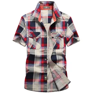 Летняя рубашка в клетку для мужчин, повседневные свободные мужские рубашки в стиле милитари, Camisa Masculina, топы с короткими рукавами, Camisas Para Hombre, большие размеры, S-4XL