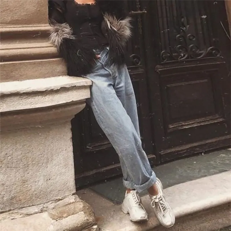2019 Модные женские синие свободные джинсы повседневные Прямые брюки с