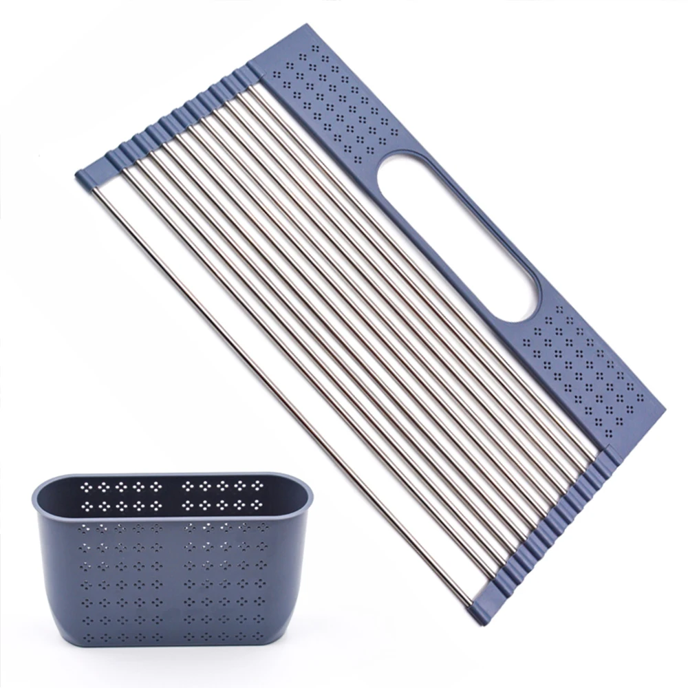 

Kitchen Sink Rack Dish Drying Rack Roll-Up Dry Drainers Foldable Drained Plates Mat Stainless Steel Kitchen Shelf With Basket