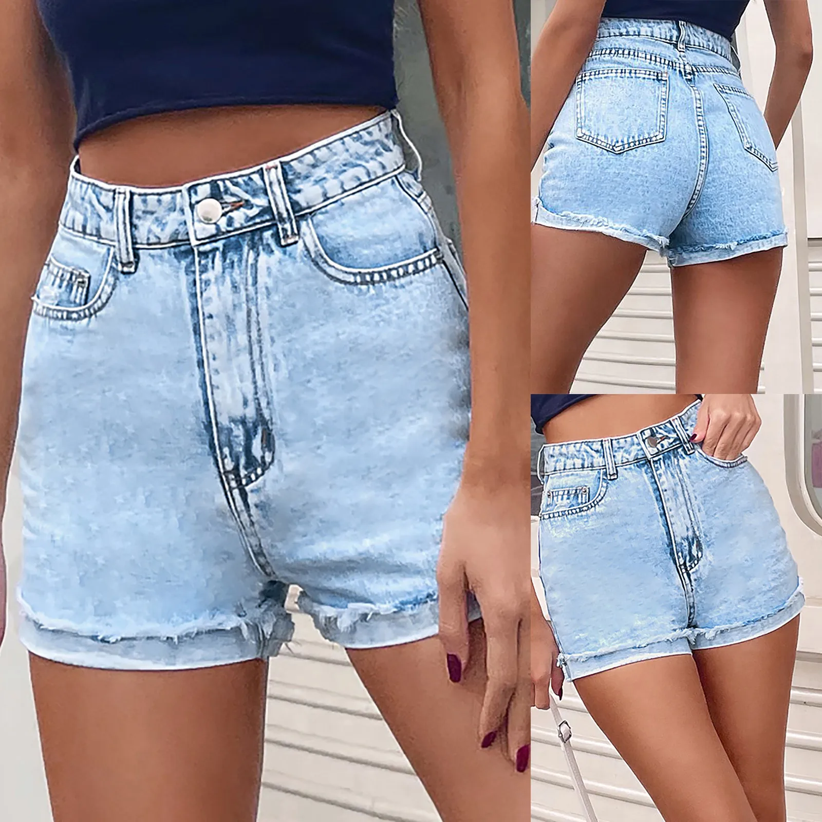 

Female Harajuku Summer Jeans Fashion Middle-waisted Straight Pocket Hole Short Pants Sexy Casual Vintage Blue Denim Shorts 2021