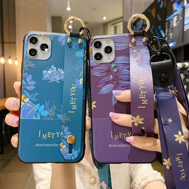 

Pretty Case For iphone 7 8 plus 6 6s plus X Xs max XR 11 12 pro max SE 2020 cover Soft TPU Wrist Strap Phone Holder Case coque