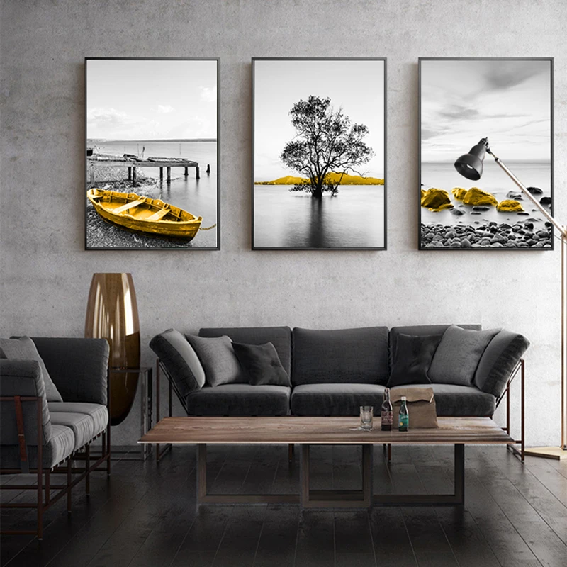 Картина на холсте черно белый пейзаж плакат и принты дерево Желтая Лодка озеро