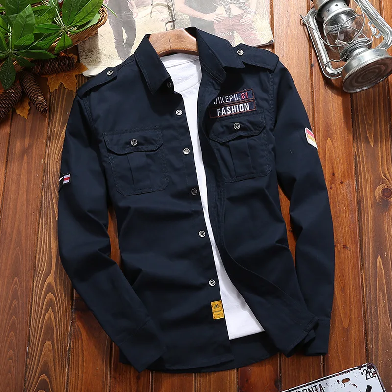 

2020 Military Slim Cotton Shirt for Men Navy Blue Long Sleeve Green Khaki Casual Slim Fit Vintage Jacket Streetwear M - 5XL