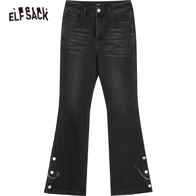 

ELFSACK Black Solid High Waist Washed Casual Flare Jeans Women,2021 Spring Pure Chiain Minimalist Ladies Basic Daily Trousers