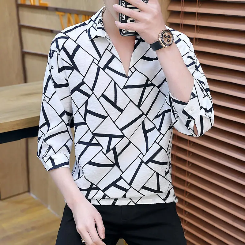 

Summer ice silk short sleeve t-shirt men's print Lapel men's casual shirt collar half sleeve T-shirt