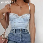 IAMSURE, кружевная отделка, цветочный принт, голубой бюстье, Camisoles, прерий, шикарный, Глубокий V-образный вырез, тонкие бретельки, милая уличная одежда для отдыха