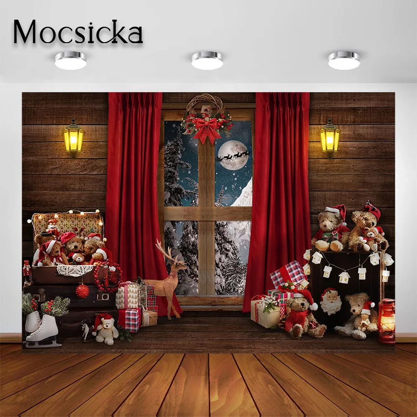 

Mocsicka Christmas Toy Bear Backdrops for Photography Rustic Wooden Wall Window Xmas Indoor Holiday Portrait Photo Background