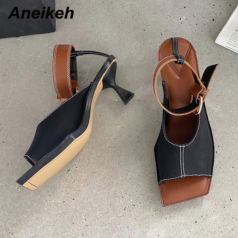 

Aneikeh 2021 New Summer Canvas Sewing Thin Heels Women's Sandals Fashion Gingham Novelty Ankle Buckle Strap Ladies Shoes Casual
