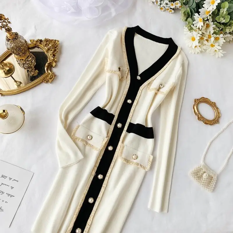 Новинка 2019 модное женское платье французское темпераментное вязаное облегающее