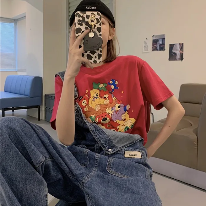 

T-shirt Women's 2020 Summer New Brushed Cartoon Printed All-Matching Bottoming Shirt Women's Inner Loose Short Sleeve Top