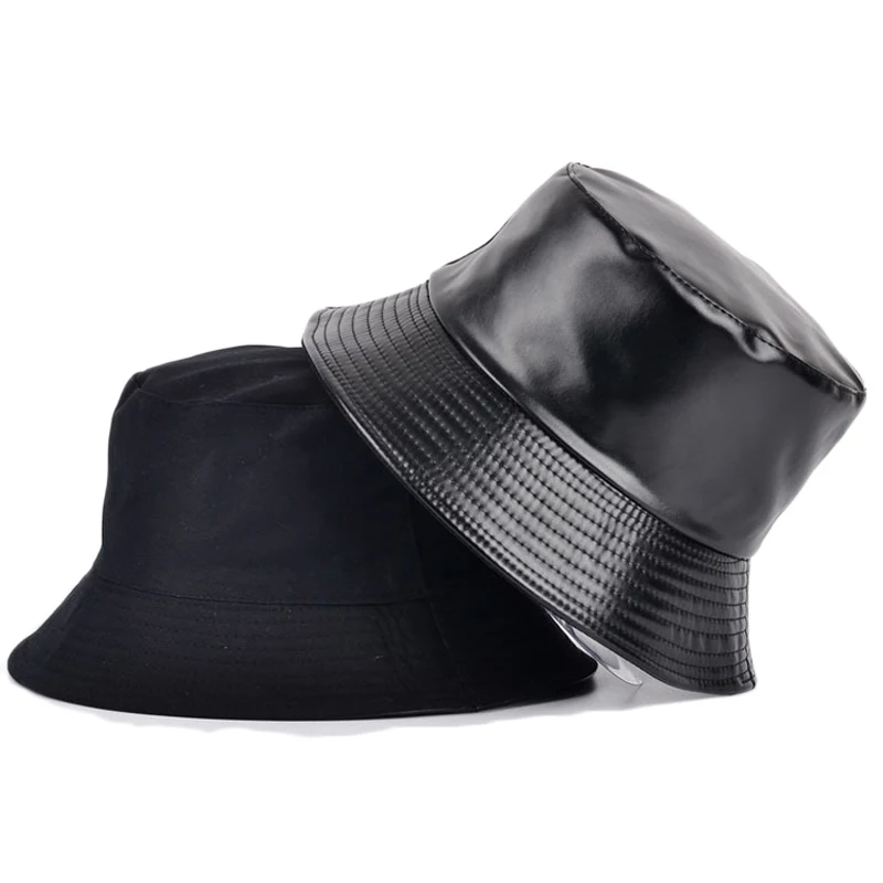 

2021 New Faux Leather Bucket Hat Women Reversible Pu And Cotton Soild Sun Hat Fashion Bob Panama Autumn Waterproof Fisherman Hat
