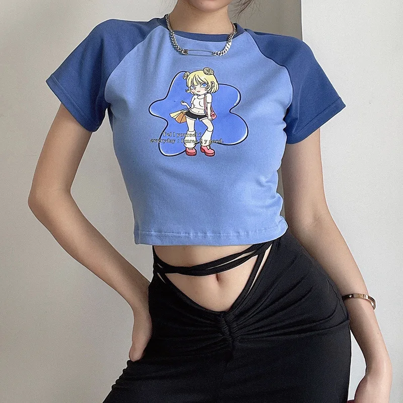 

New cute girl print hit color short cropped slim t-shirt