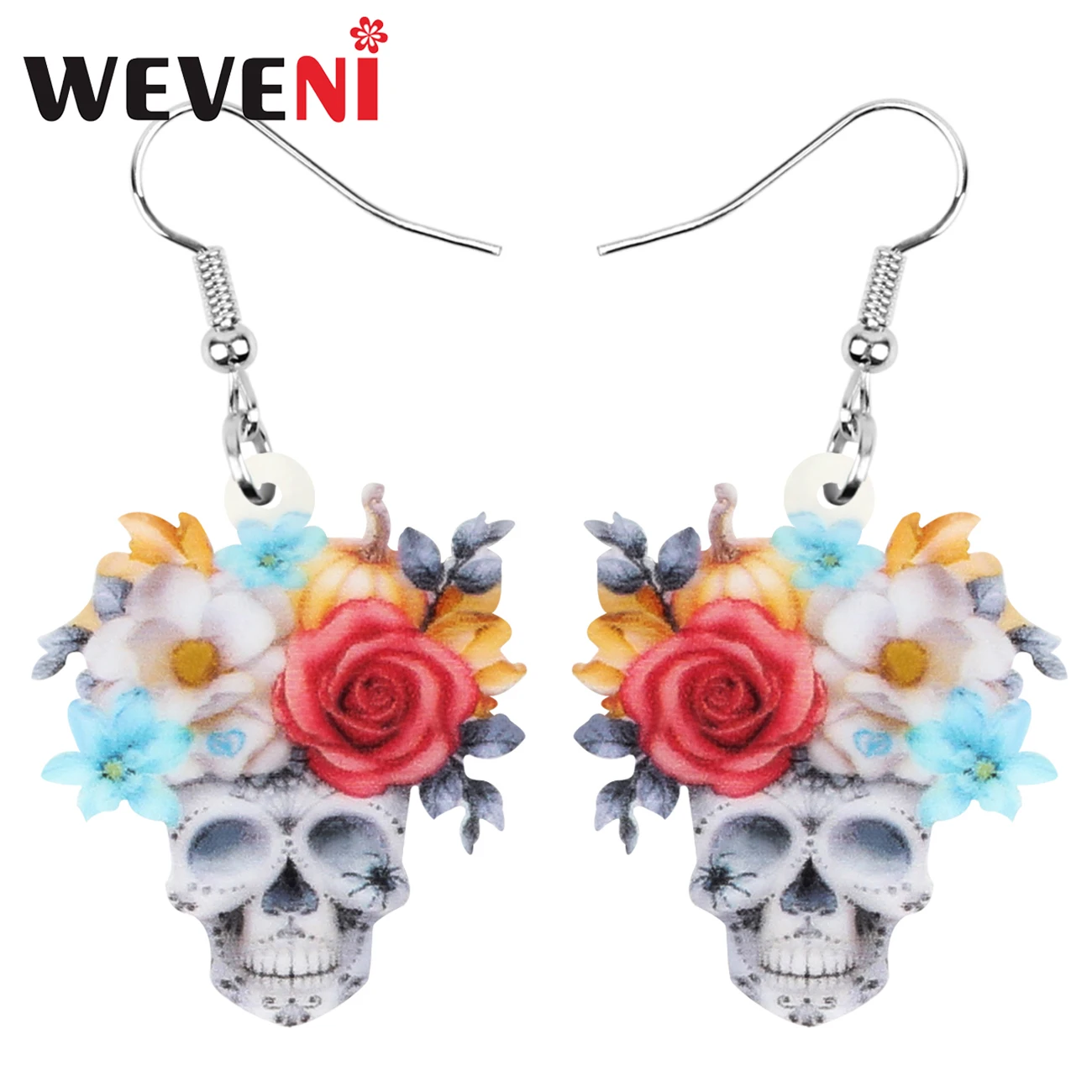 

WEVENI Acrylic Halloween Skeleton Skull Earrings Flower Elegant Dangle Drop Jewelry For Women Girls Friends Funny Festival Gift