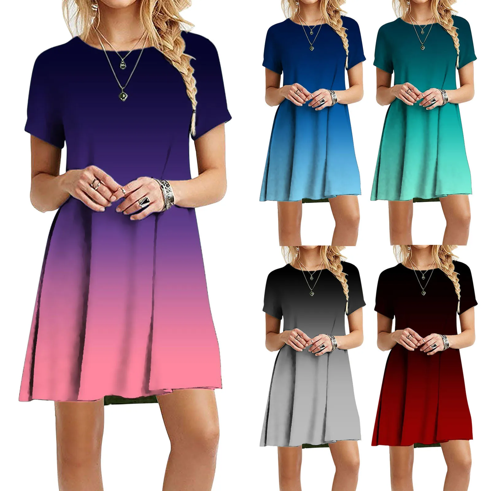 

Fashion Women Casual Short Sleeve O-neck Solid Ladies Loose Mini Dress Женское Платье Arty Dress Women Summer Beach Dress