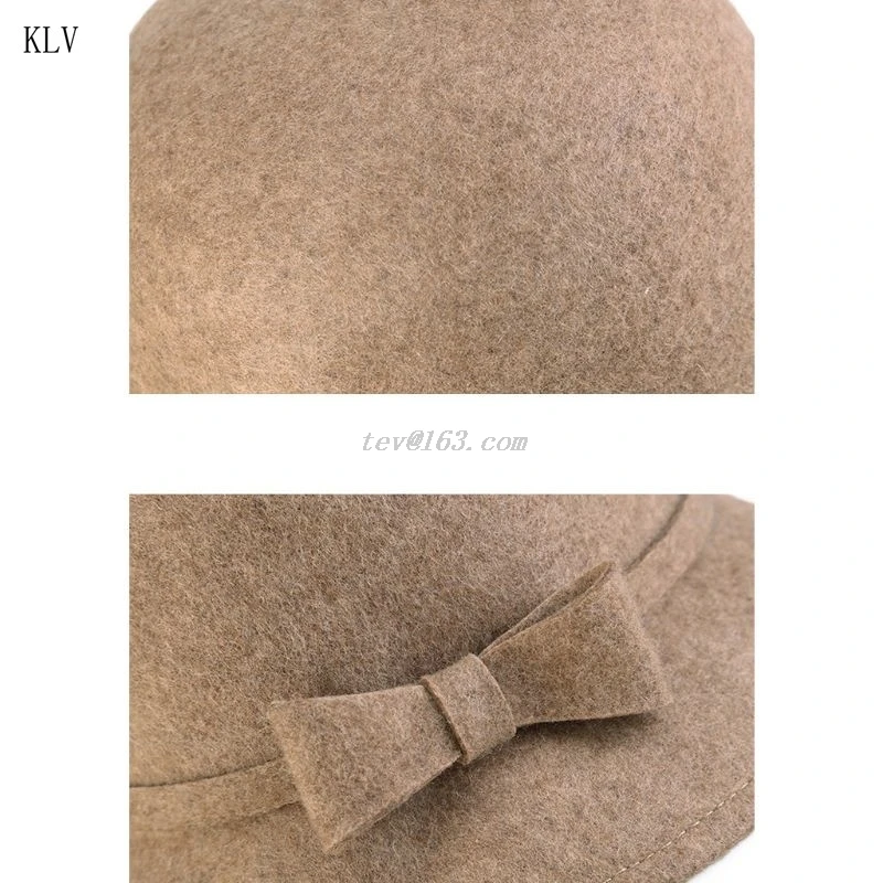 Autumn Winter Womens Vintage Style Faux Wool Cloche Bowler Bucket Hat with Bow Accent