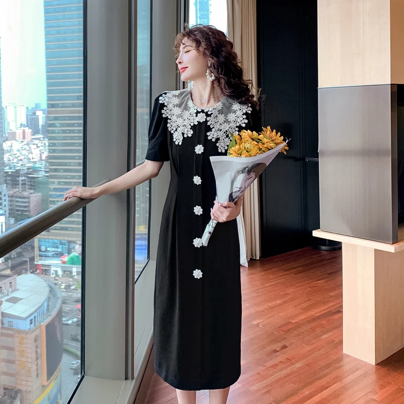 Женское кружевное платье COIGARSAM черное в Корейском стиле с пышными рукавами и