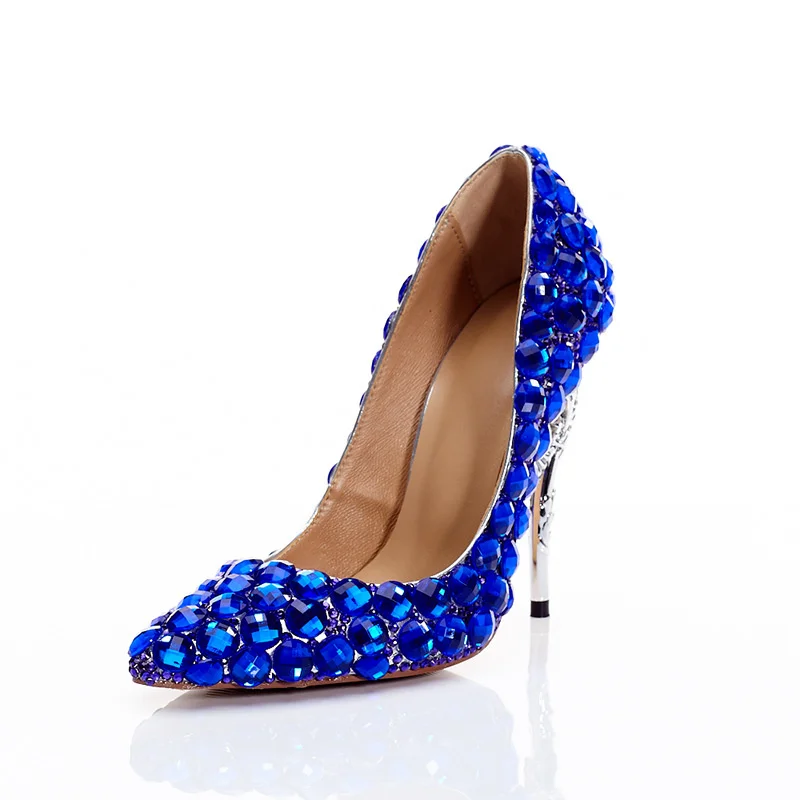 

Women's fashion single shoes Blue Crystal pointed thin heel shallow mouth customized sexy high heels